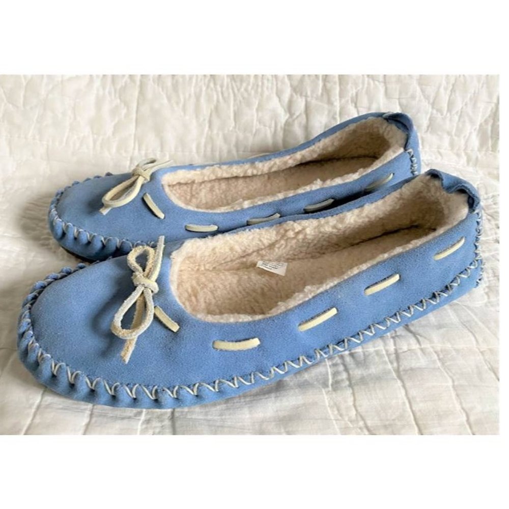LL Bean Hearthside Slippers Whipstitch Suede Shearling Sherpa Moccasin Blue 11